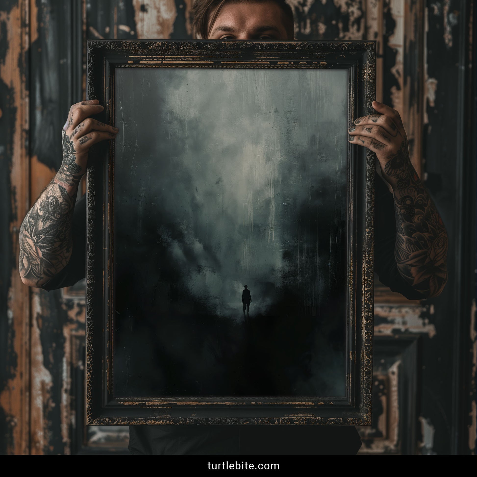 Surreal art poster featuring a small figure lost in an overwhelming dark void with painterly teal-grey tones
