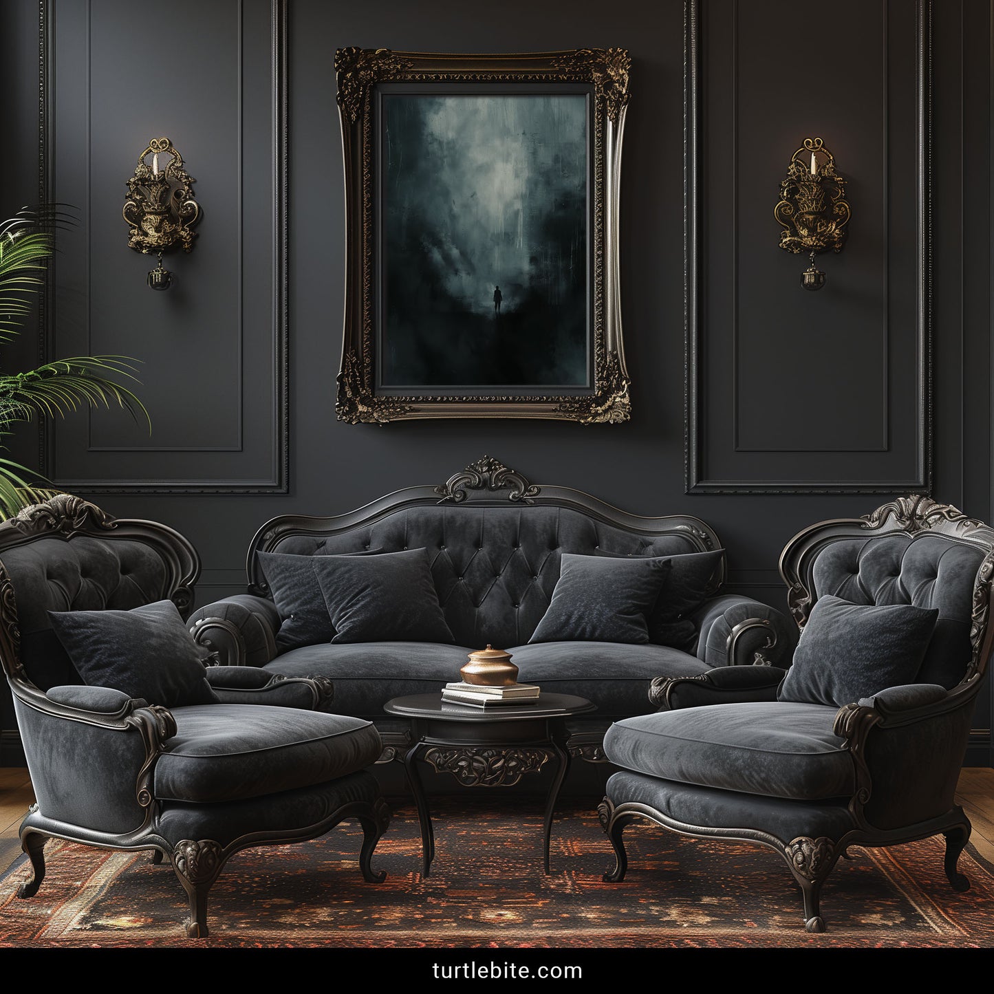 Existential dark art wall print – solitary figure surrounded by smoke and darkness, cinematic and contemplative