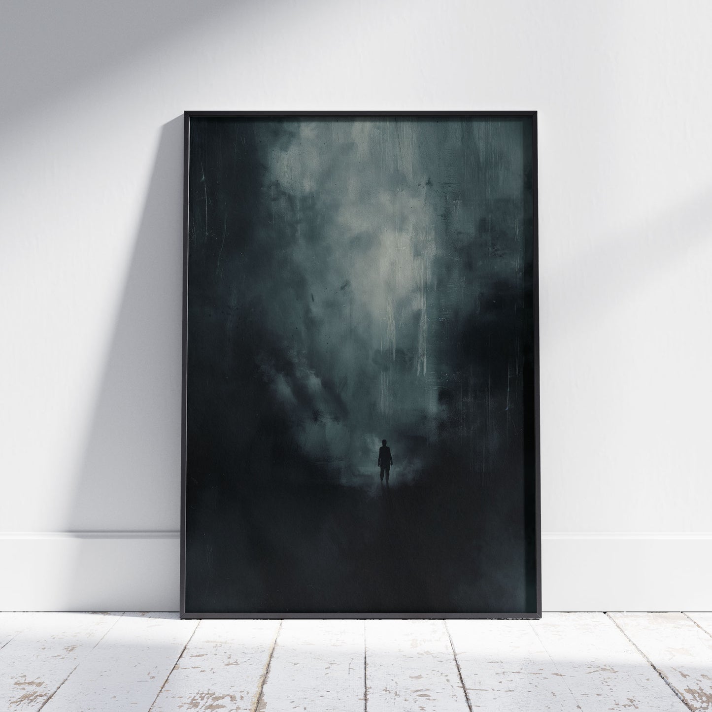 Dark art print of a lone silhouette standing in swirling mist and deep shadow, moody atmospheric wall art