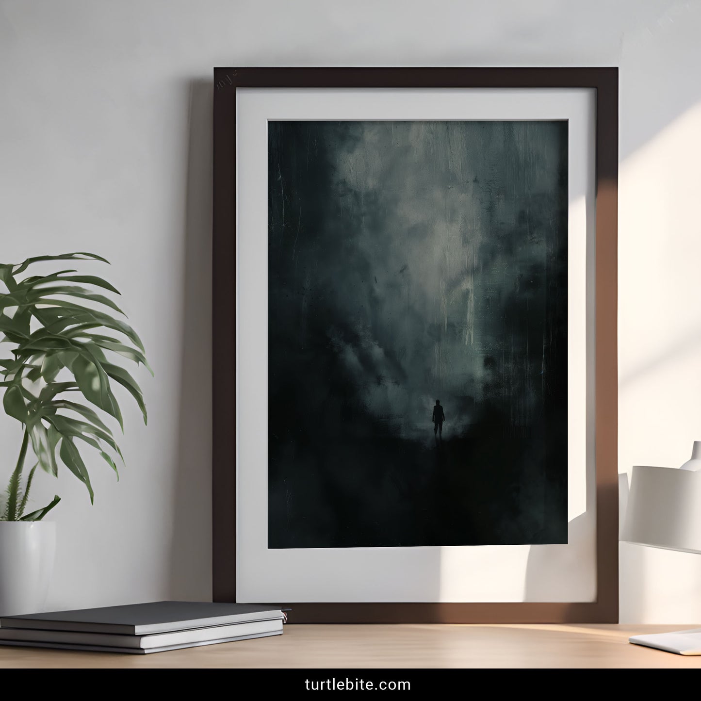 Surreal art poster featuring a small figure lost in an overwhelming dark void with painterly teal-grey tones