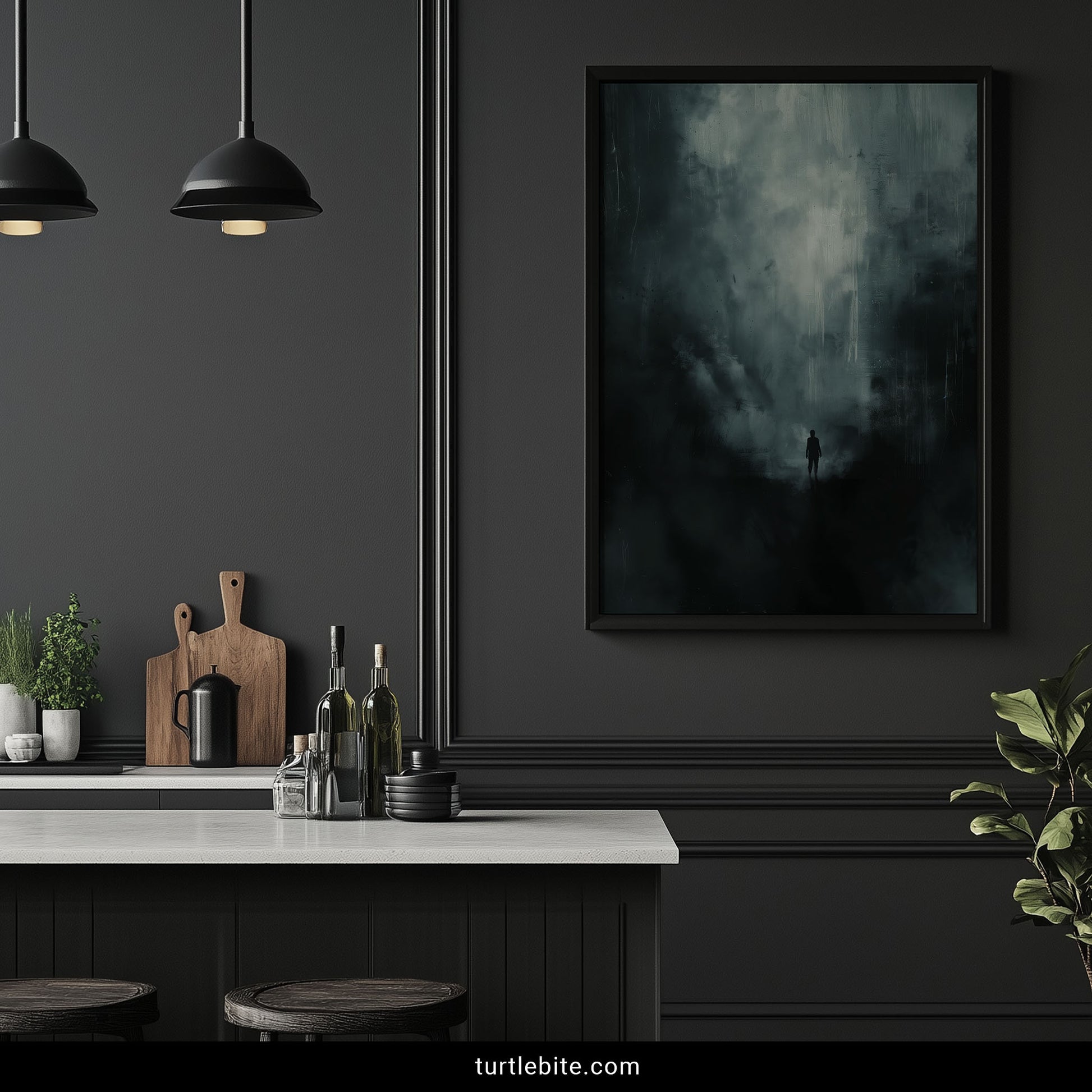 Moody wall art print with lone human silhouette dwarfed by turbulent dark atmosphere, gothic home decor