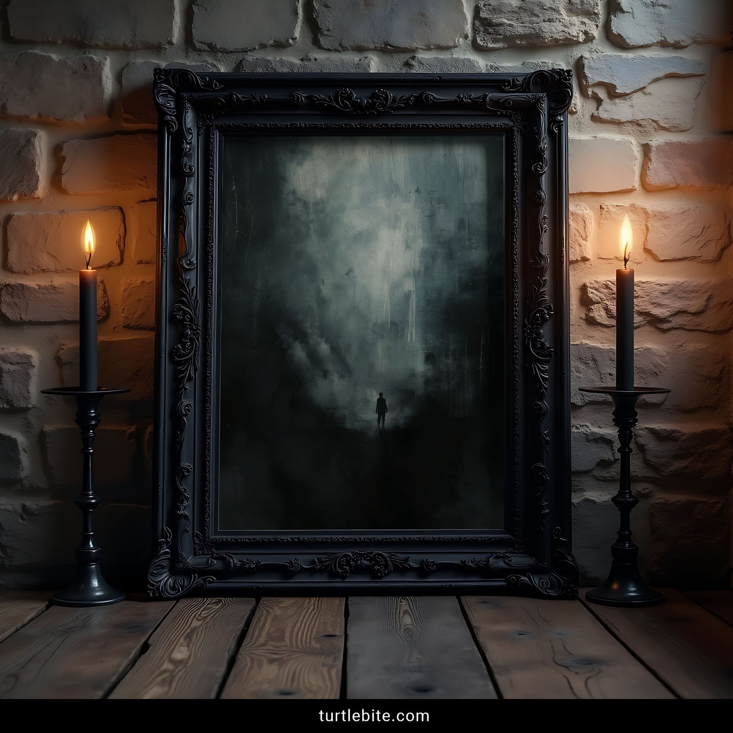 Existential dark art wall print – solitary figure surrounded by smoke and darkness, cinematic and contemplative