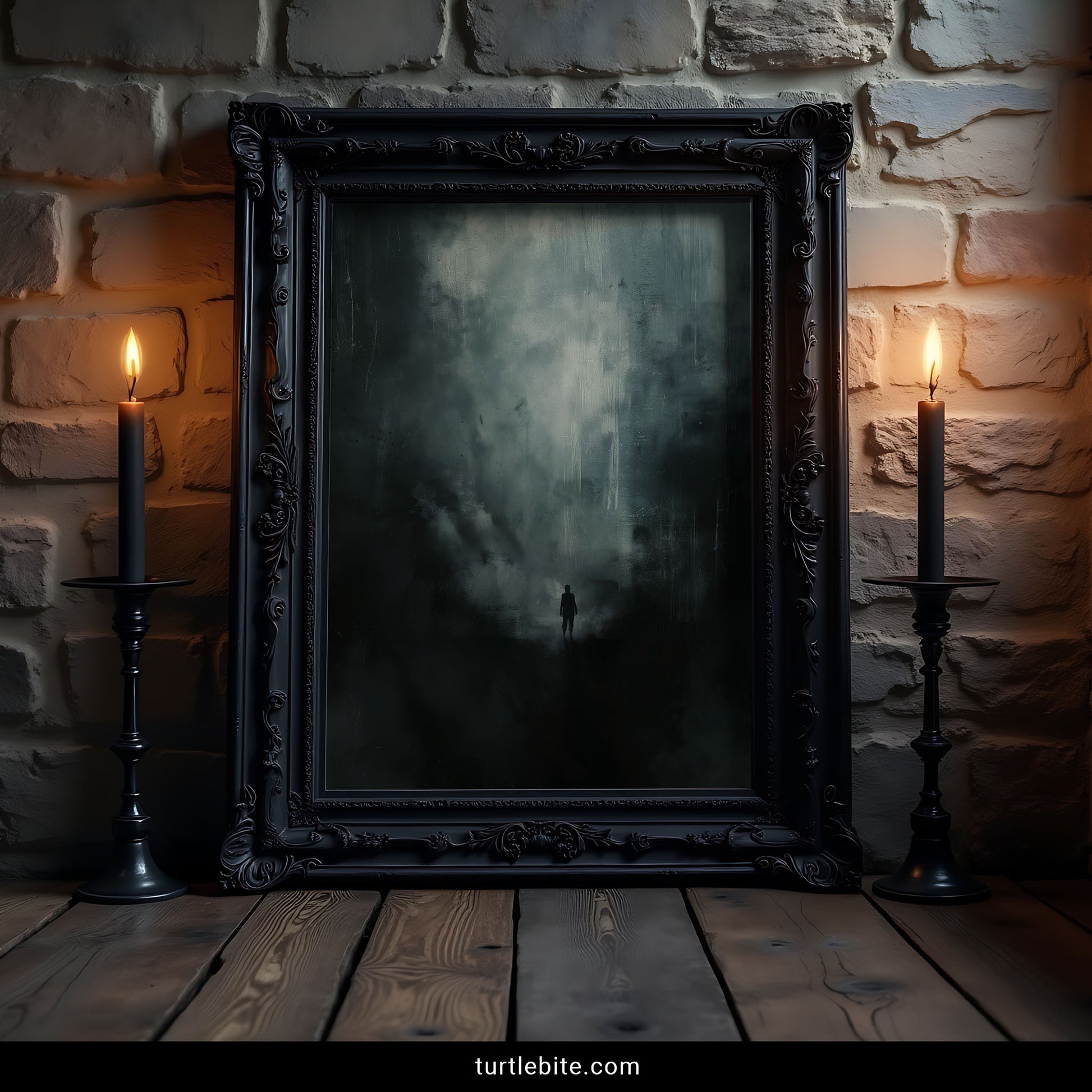 Existential dark art wall print – solitary figure surrounded by smoke and darkness, cinematic and contemplative