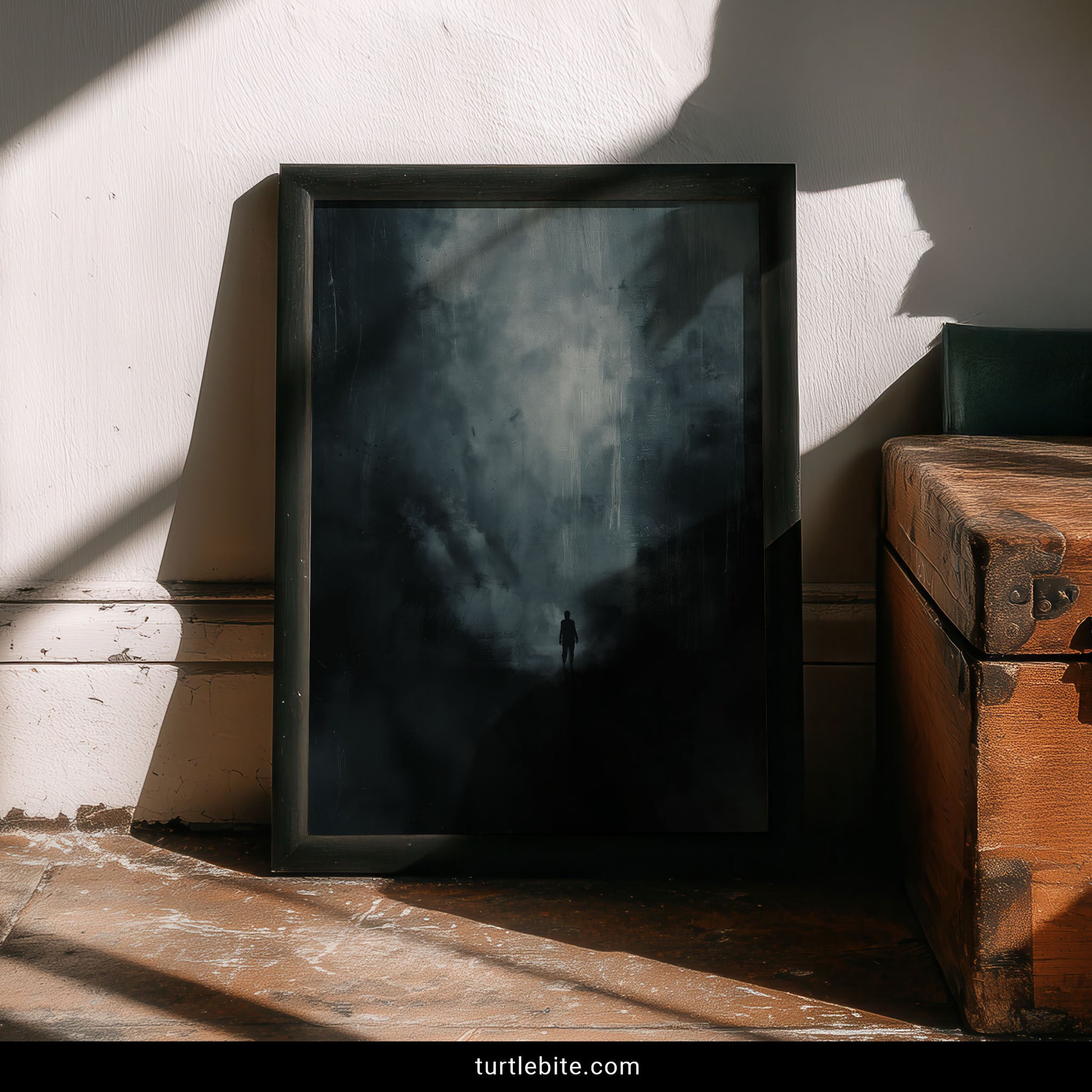 Dark academia art poster – abstract atmospheric figure in fog and shadow, deep moody tones for dark interiors