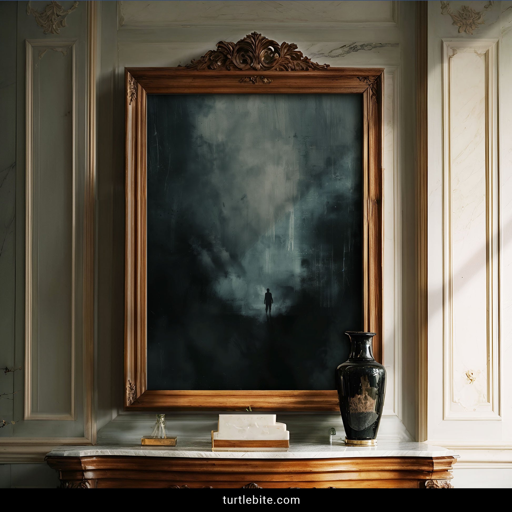 Moody wall art print with lone human silhouette dwarfed by turbulent dark atmosphere, gothic home decor