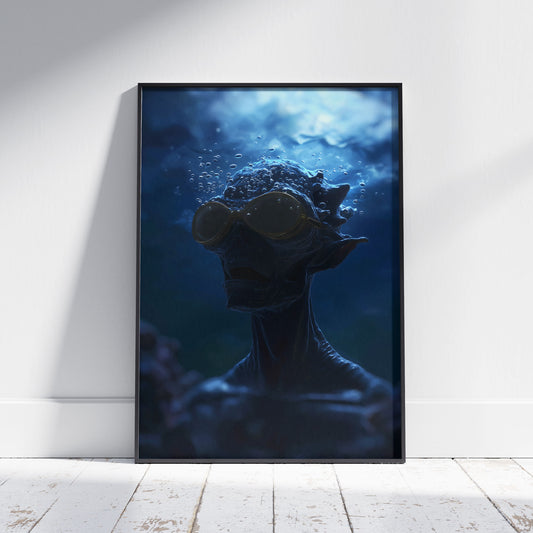 Dark art print featuring silhouette underwater with moody blue lighting and bubbles