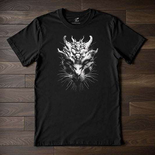 Dark art t-shirt featuring detailed horned demon creature design on black fabric