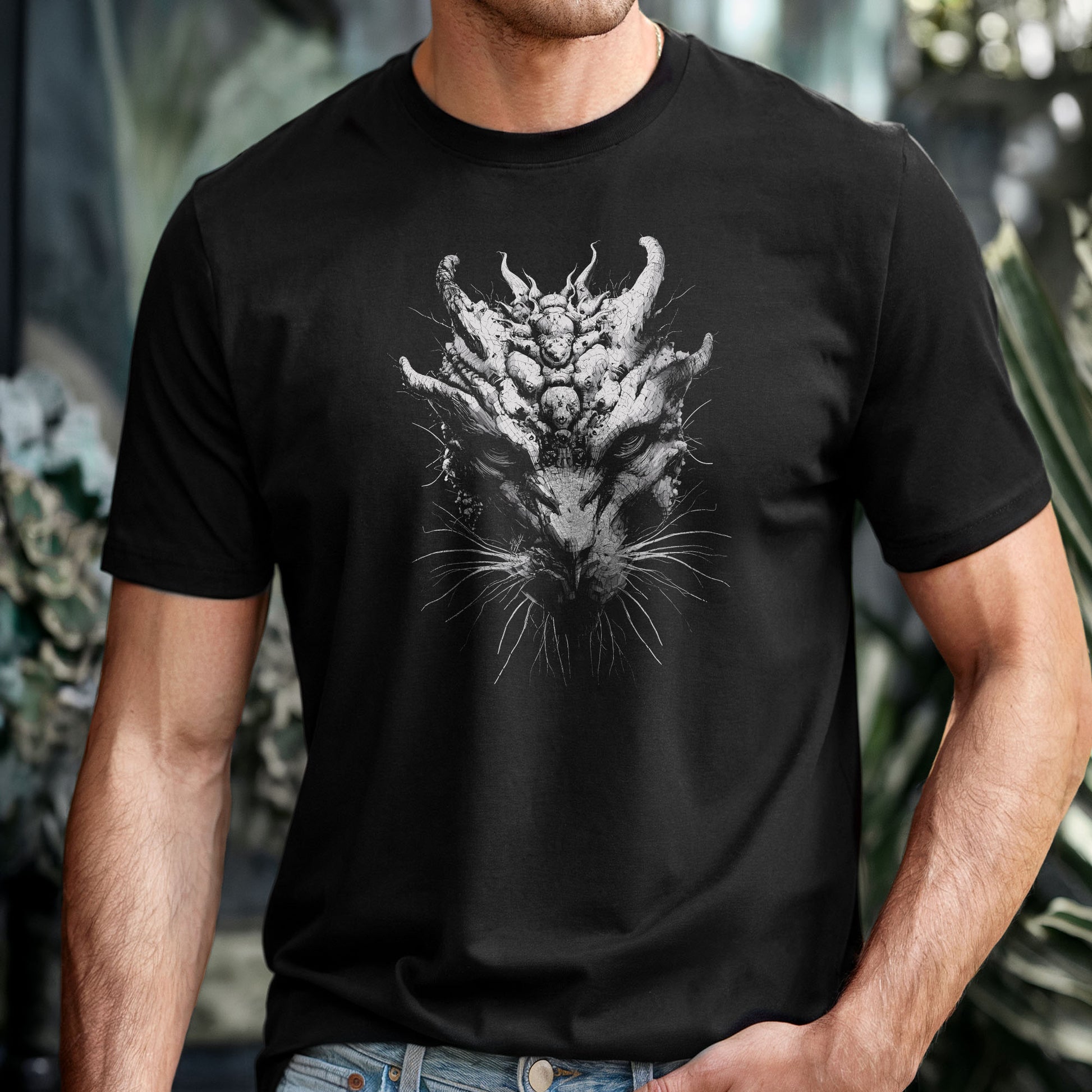 Dark art t-shirt featuring detailed horned demon creature design on black fabric
