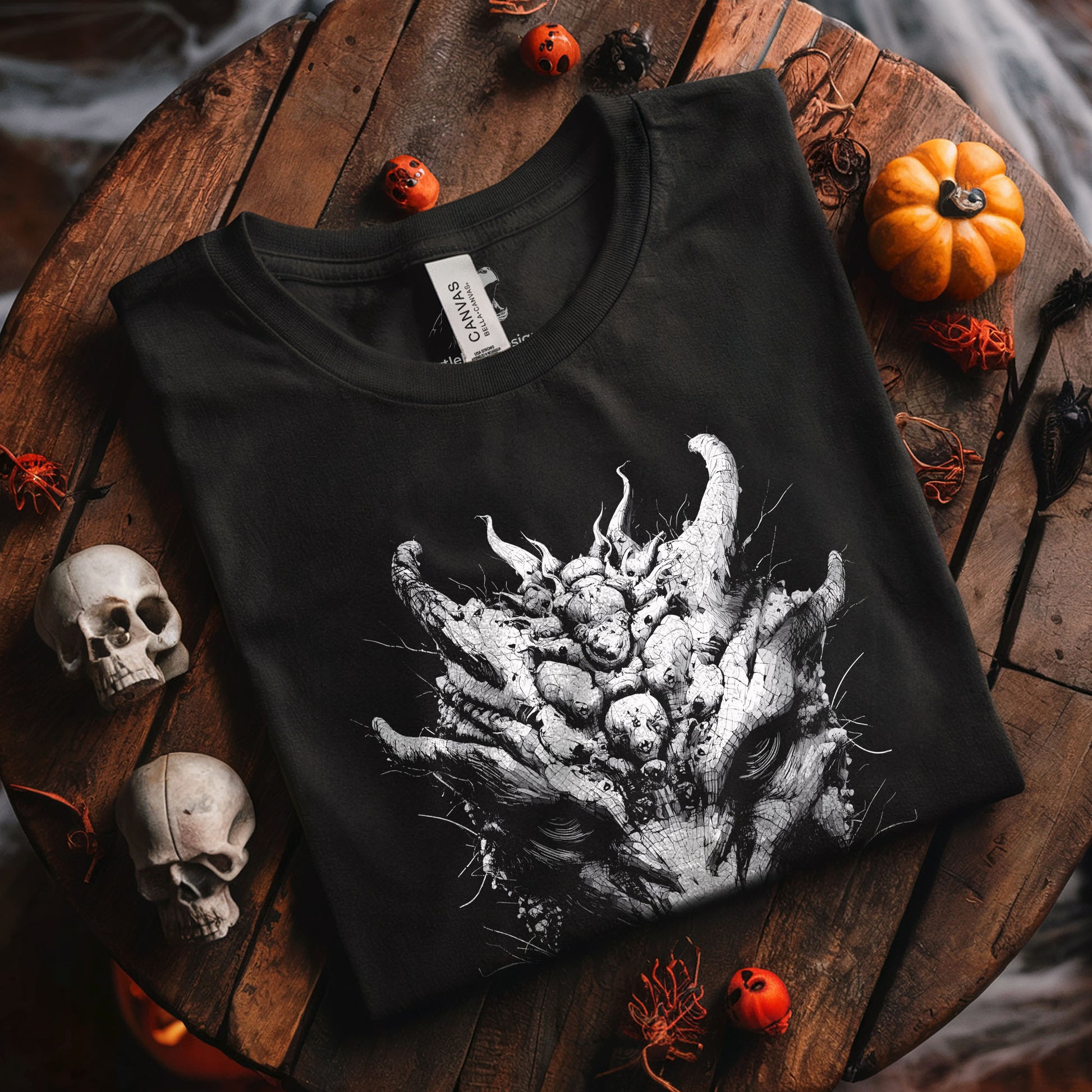 Gothic horror apparel with intricate white demon artwork on premium black tee