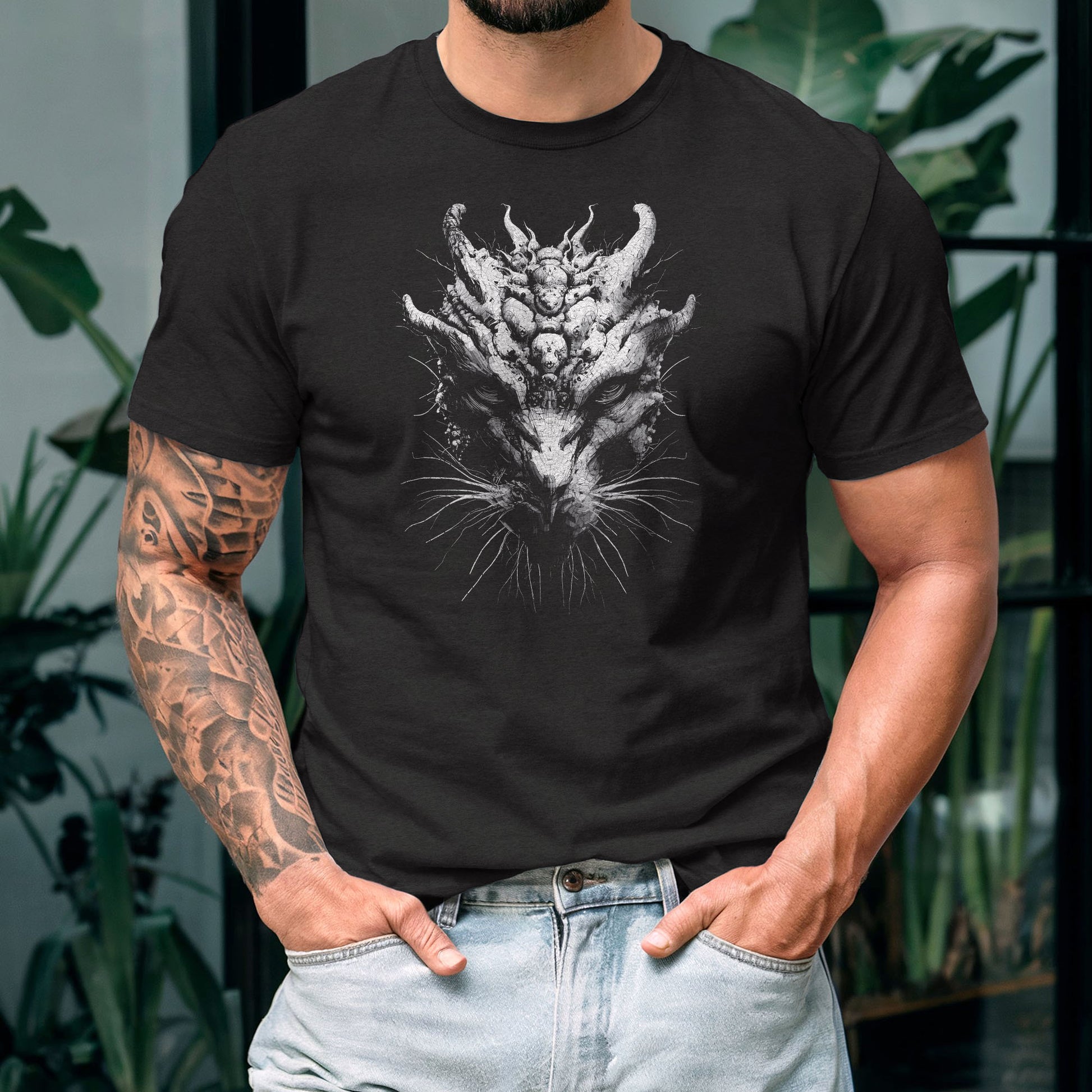 Alternative fashion shirt showcasing mystical horned beast with piercing eyes