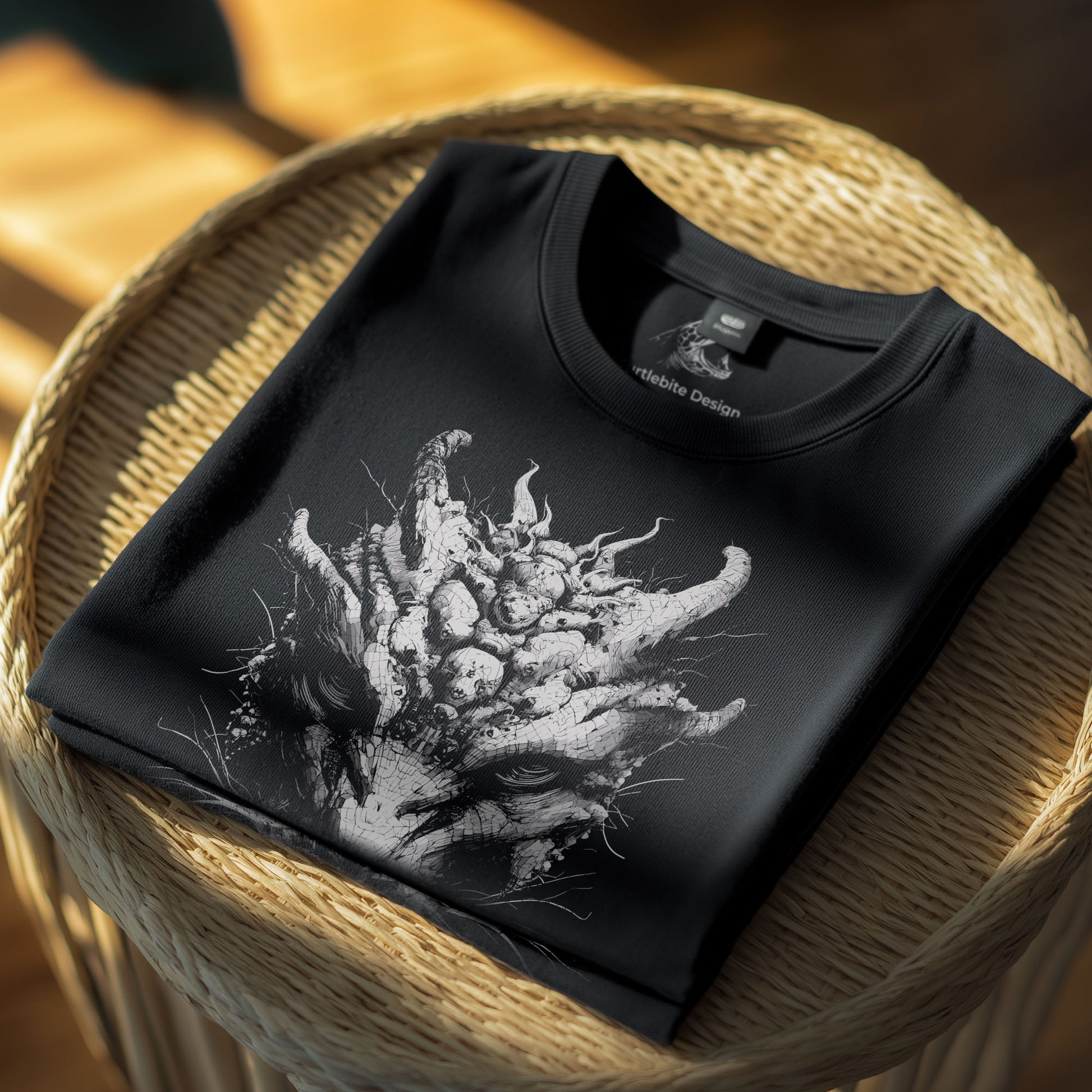 Black metal inspired clothing with elaborate demonic creature line art design