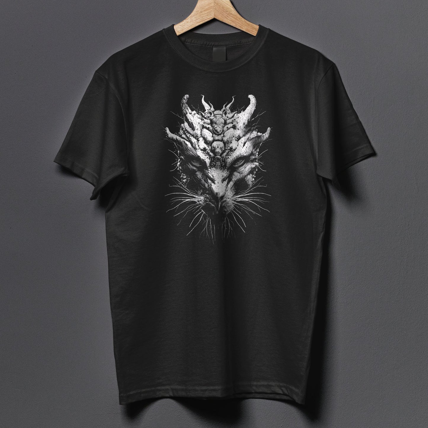 Occult themed t-shirt displaying fearsome horned entity with detailed features