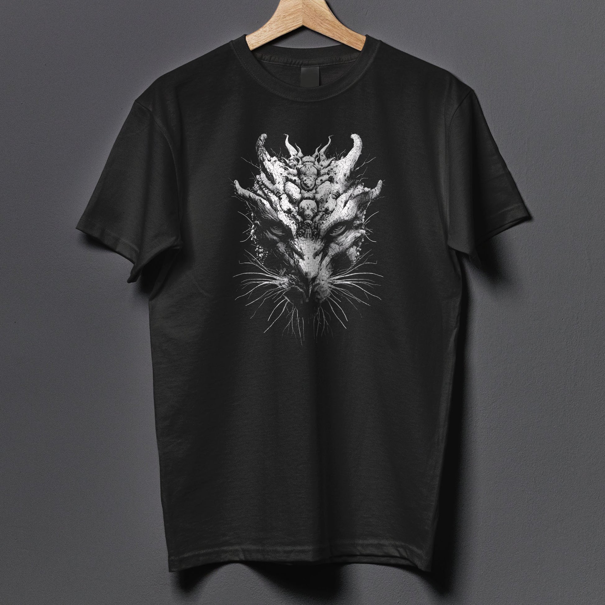 Occult themed t-shirt displaying fearsome horned entity with detailed features