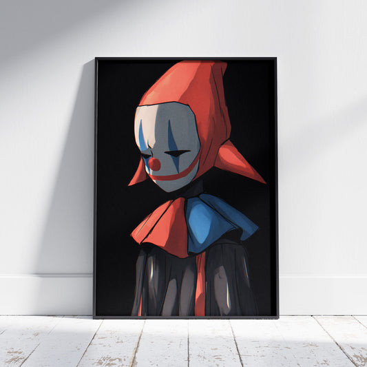 Dark clown art print featuring mysterious masked figure with blue tears and red hood