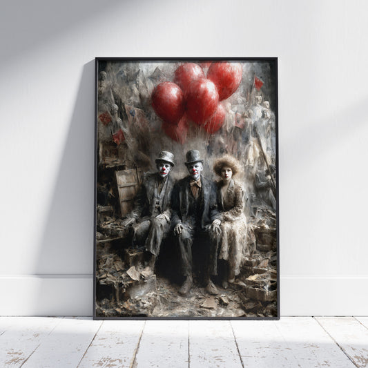 Dark clown art print featuring vintage circus performers with red balloons in gothic dystopian setting