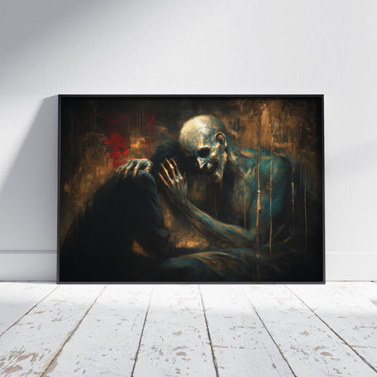 Dark comfort art print featuring skull offering solace to kneeling figure in gothic painting with golden and turquoise tones