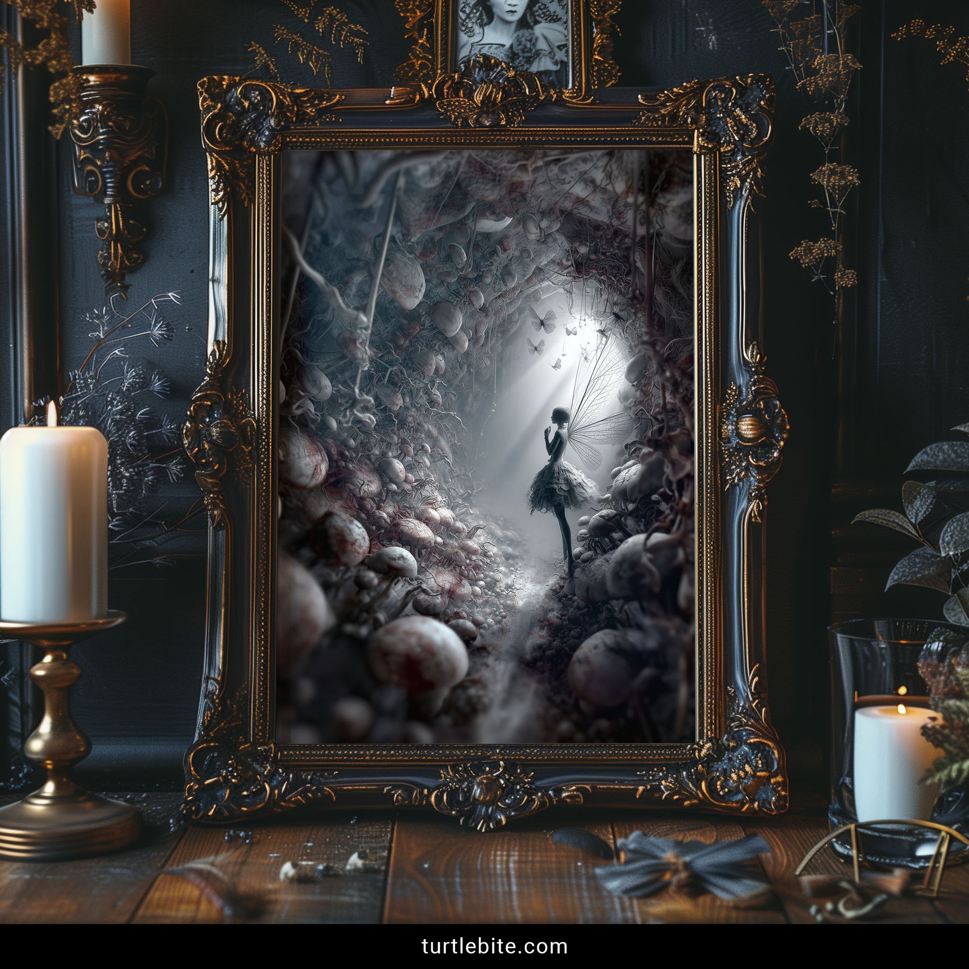 Whimsigoth wall art depicting fairy among mushrooms growing from skulls, dark academia aesthetic