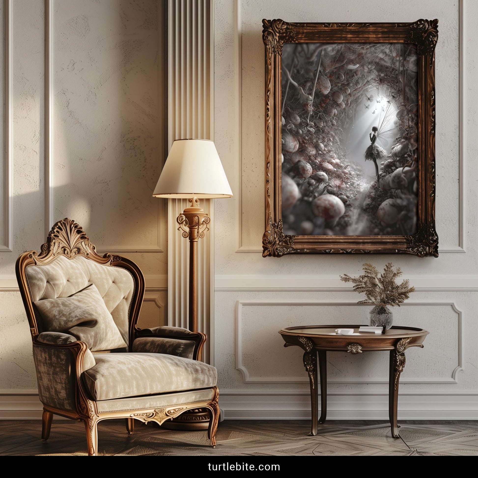 Surreal dark fairy print with skull art, creepy cute fungi decor, black and white gothic poster