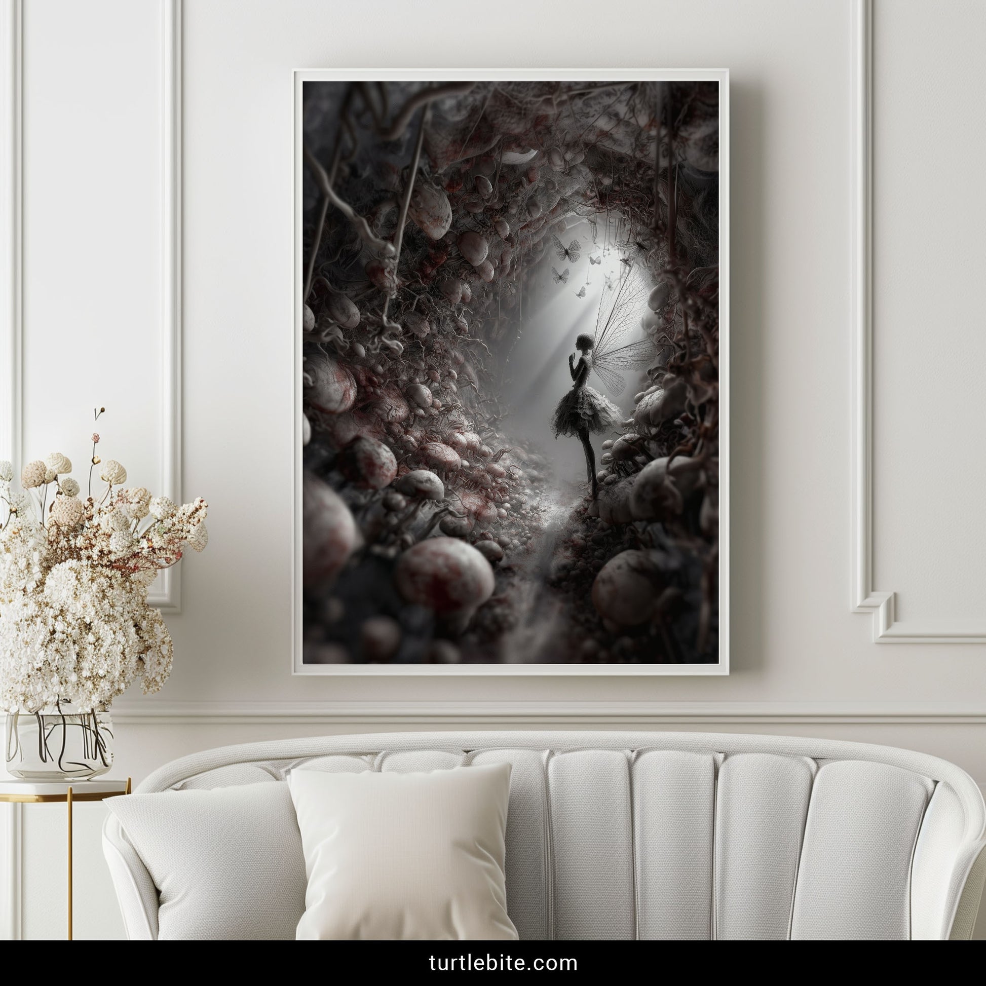 Whimsigoth wall art depicting fairy among mushrooms growing from skulls, dark academia aesthetic