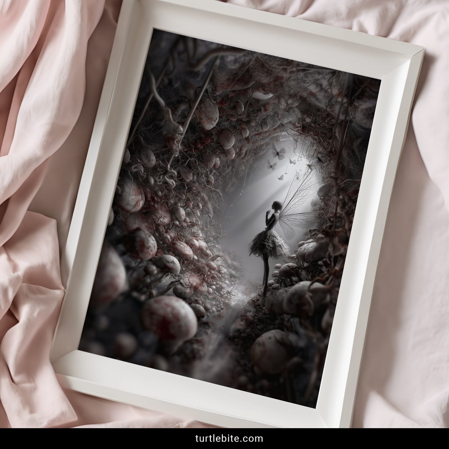 Monochrome fairy art featuring death symbolism, memento mori wall decor with butterflies and bones