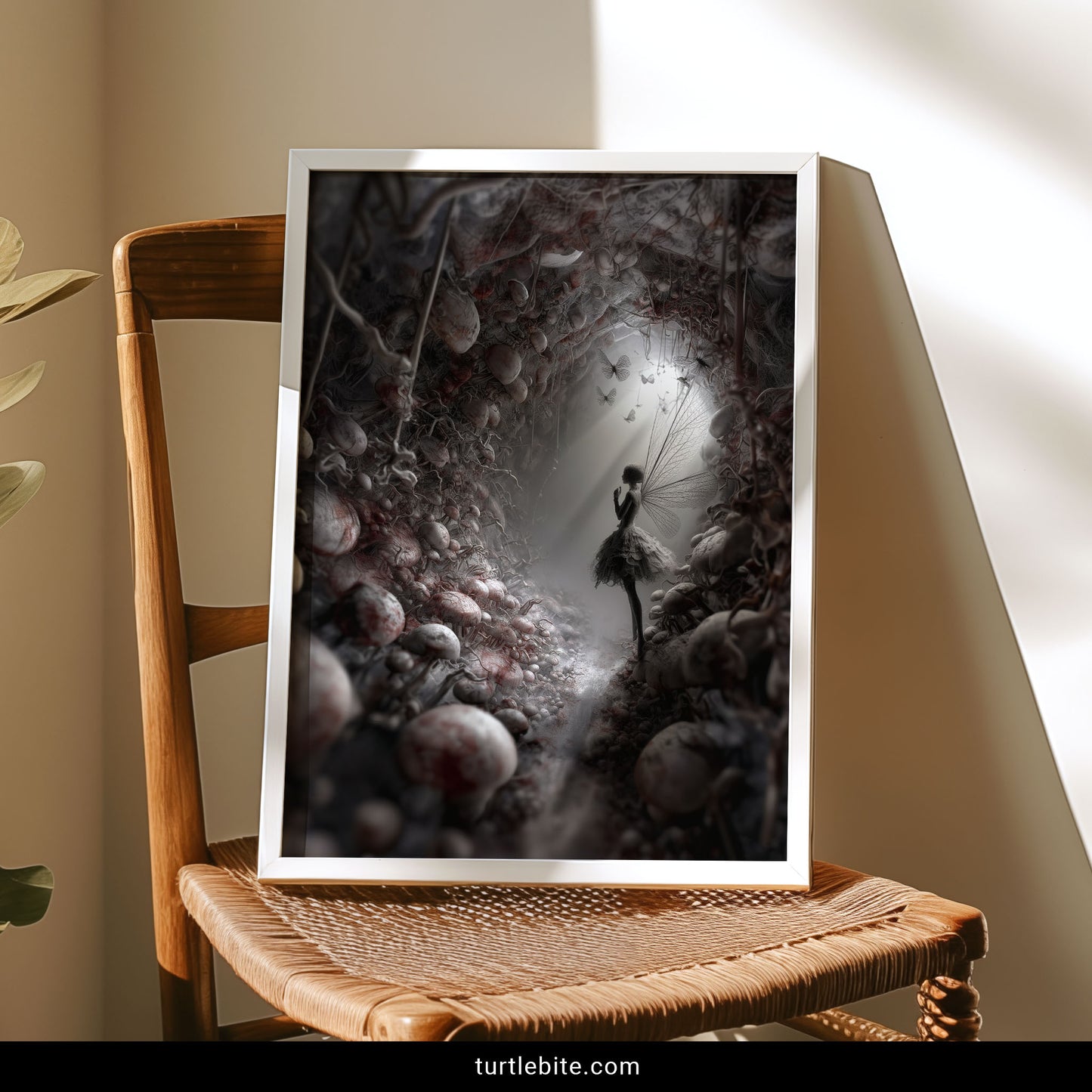 Gothic fantasy art showing ethereal fairy in macabre tunnel with organic decay and light