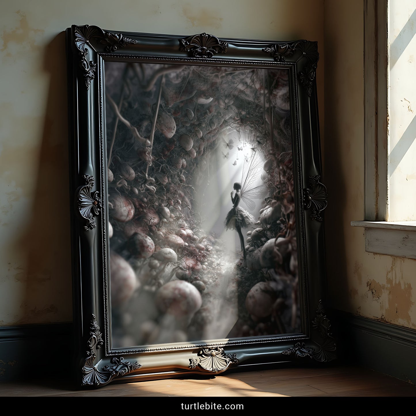 Monochrome fairy art featuring death symbolism, memento mori wall decor with butterflies and bones