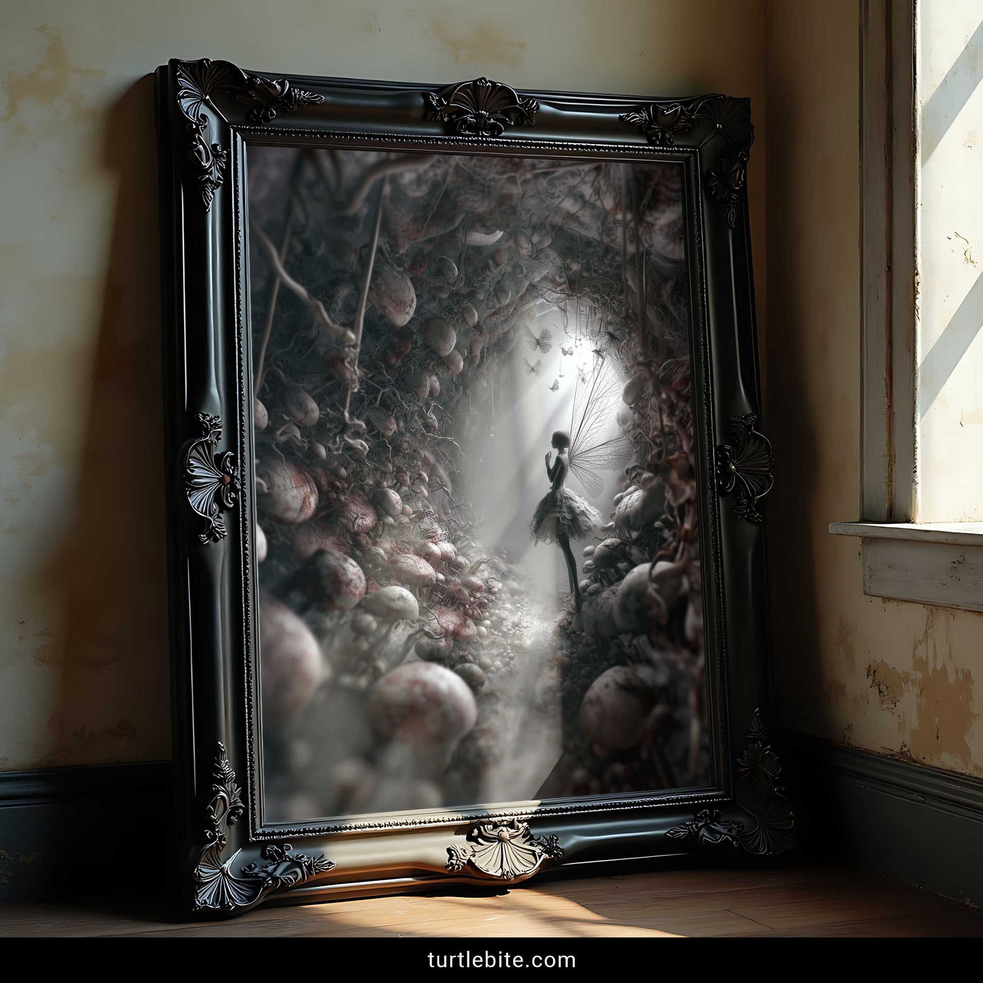 Monochrome fairy art featuring death symbolism, memento mori wall decor with butterflies and bones