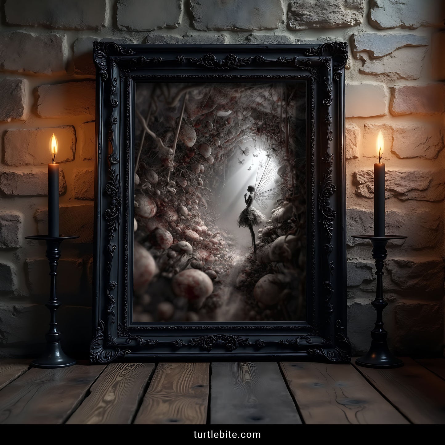 Surreal dark fairy print with skull art, creepy cute fungi decor, black and white gothic poster