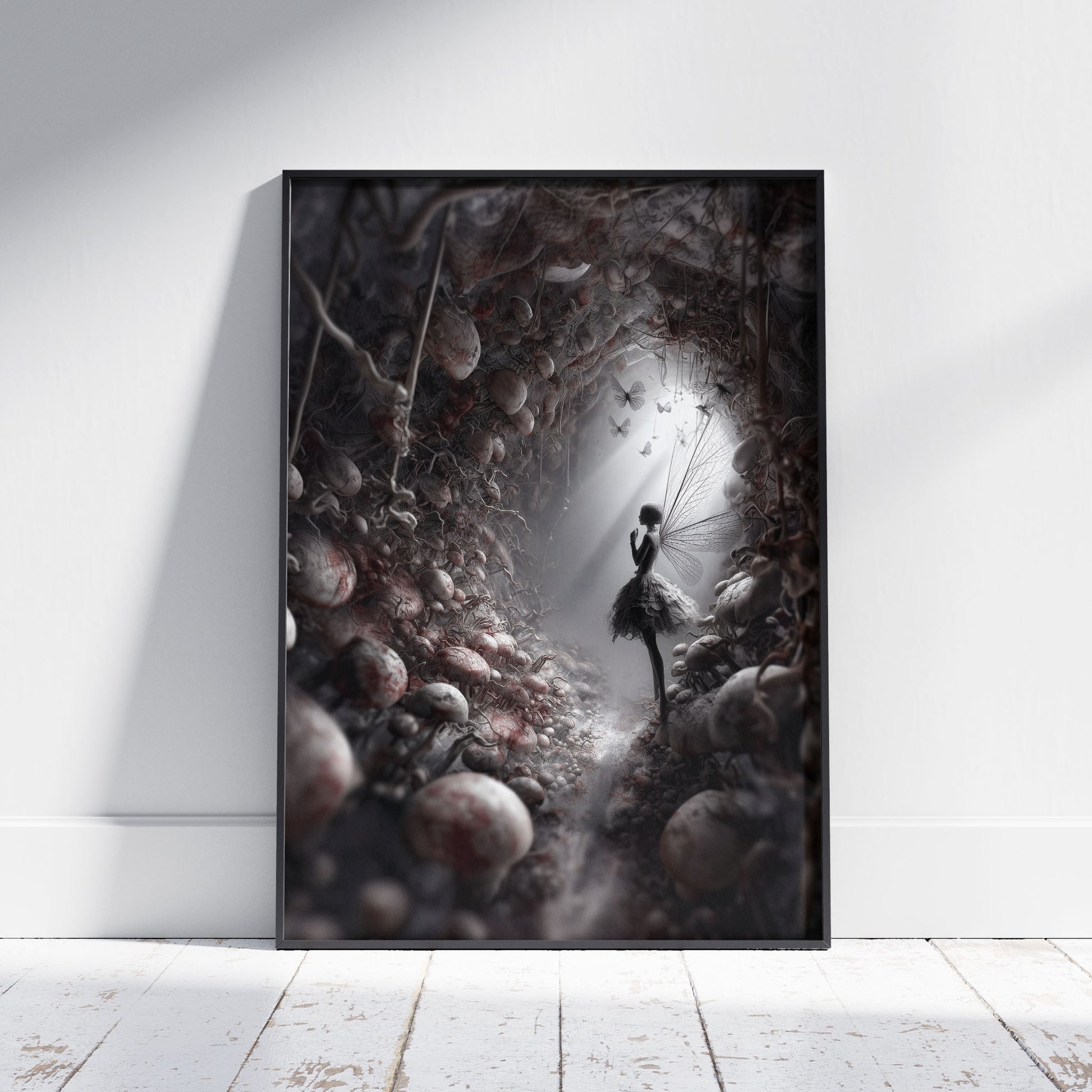Dark fairy with dragonfly wings standing in tunnel of skulls and mushrooms, gothic surreal art print