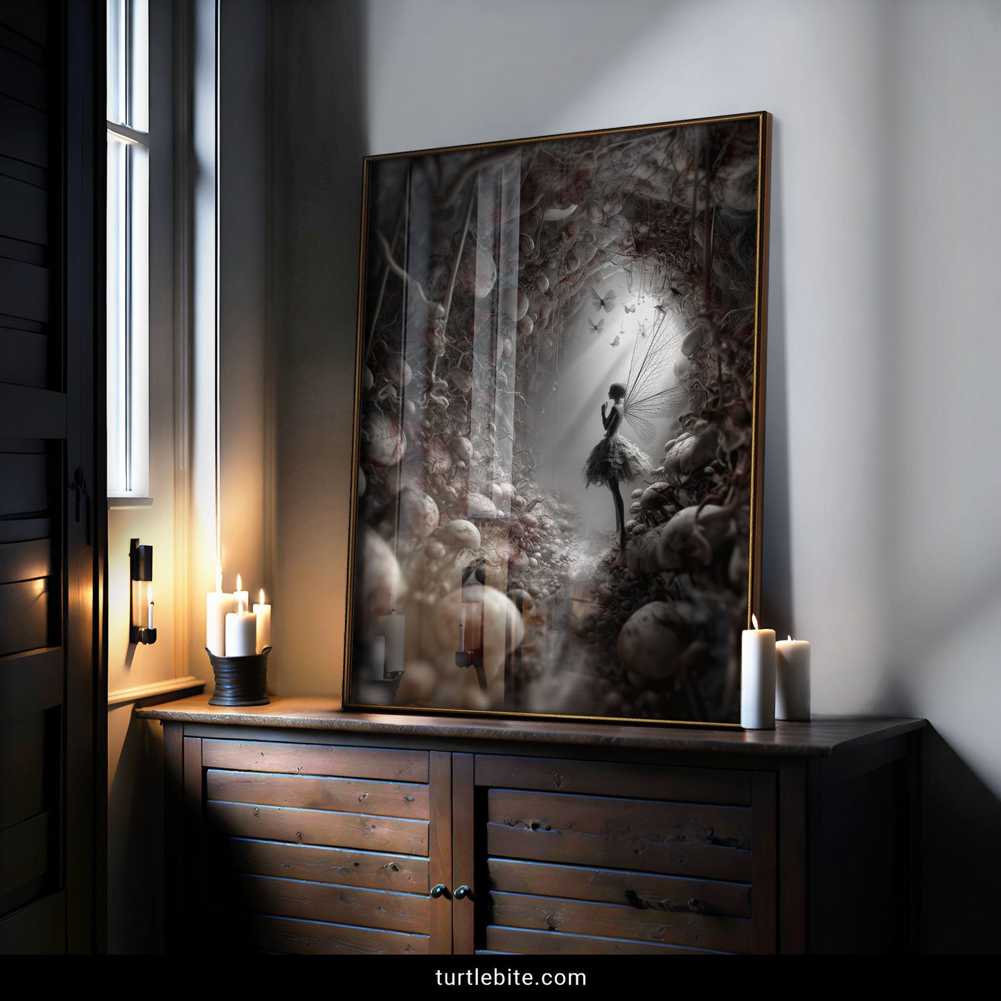 Gothic fantasy art showing ethereal fairy in macabre tunnel with organic decay and light