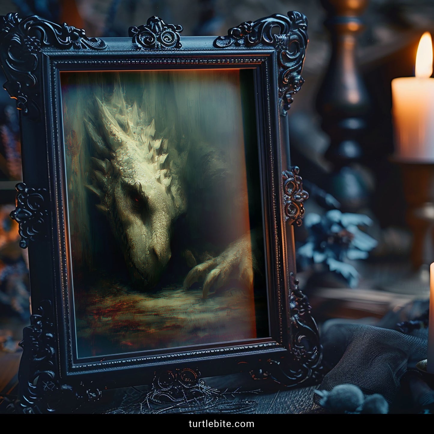 Bizarre creature art print showing menacing dragon, ideal gift for dark art and fantasy enthusiasts