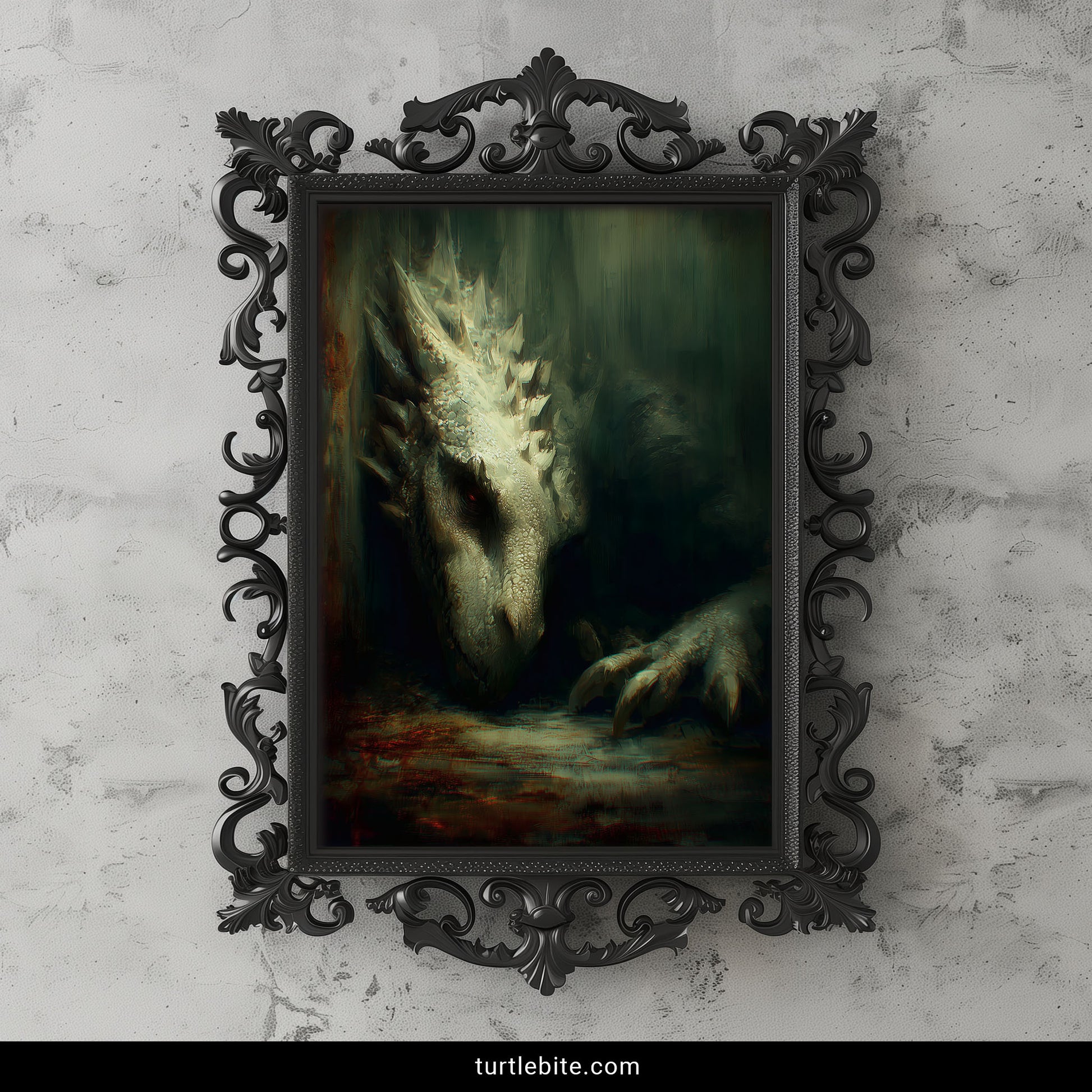 Moody dragon painting with vintage oil painting style, surreal horror art for alternative home decor