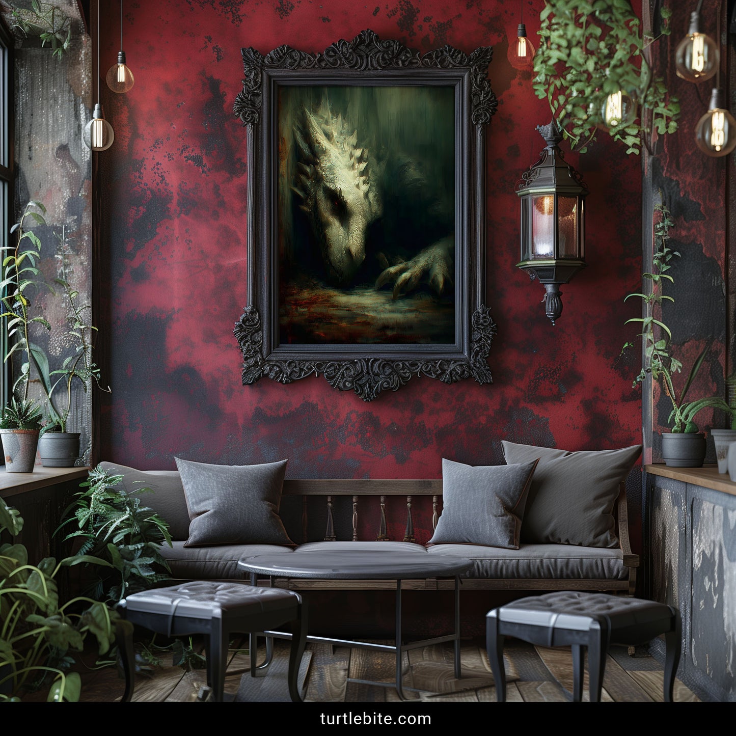 Gothic fantasy dragon wall art featuring pale green scales and ominous red eyes in shadowy setting