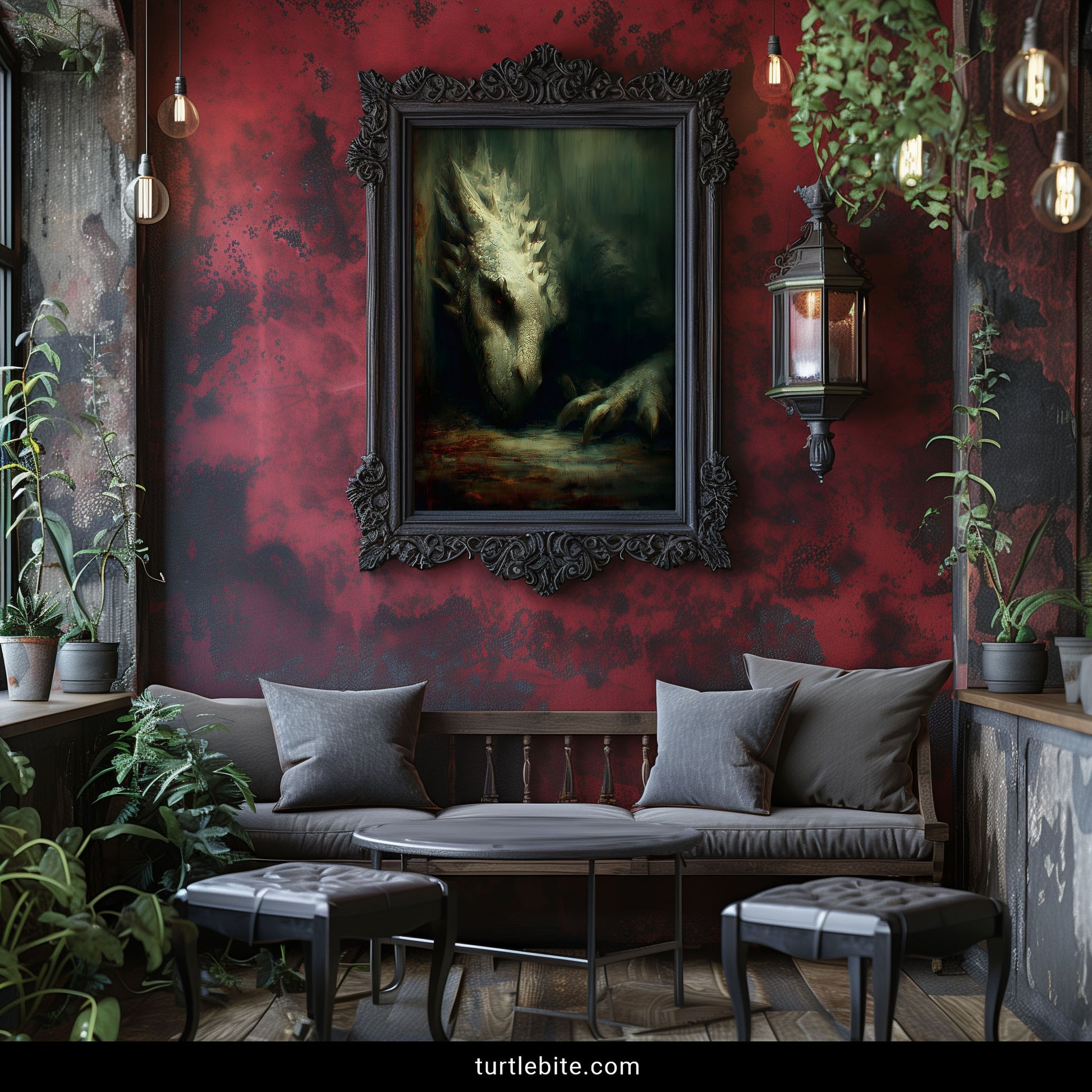 Gothic fantasy dragon wall art featuring pale green scales and ominous red eyes in shadowy setting