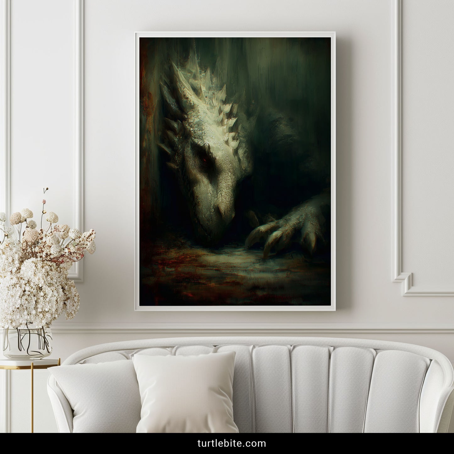 Green dragon creature poster with bone spines and mysterious atmosphere, perfect dark art for collectors