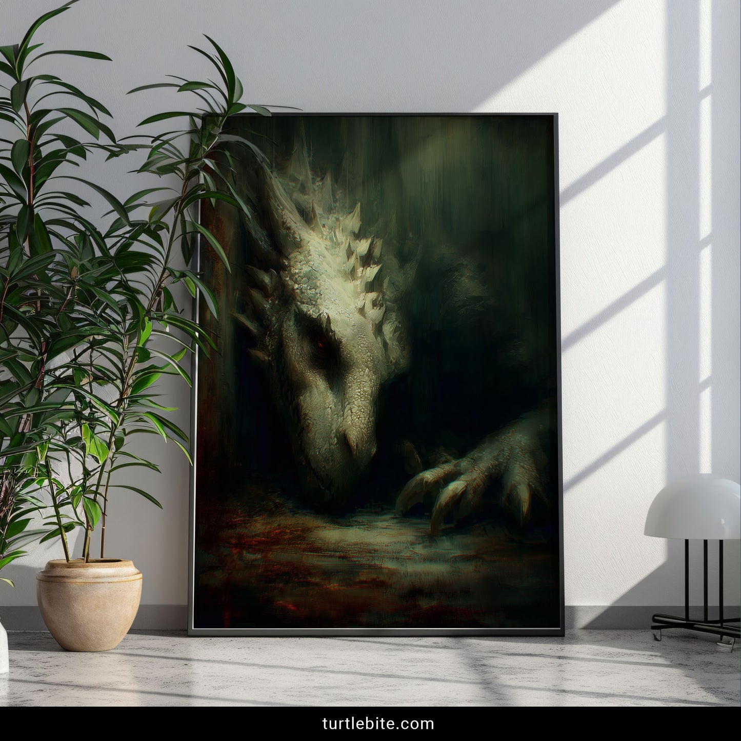 Gothic fantasy dragon wall art featuring pale green scales and ominous red eyes in shadowy setting