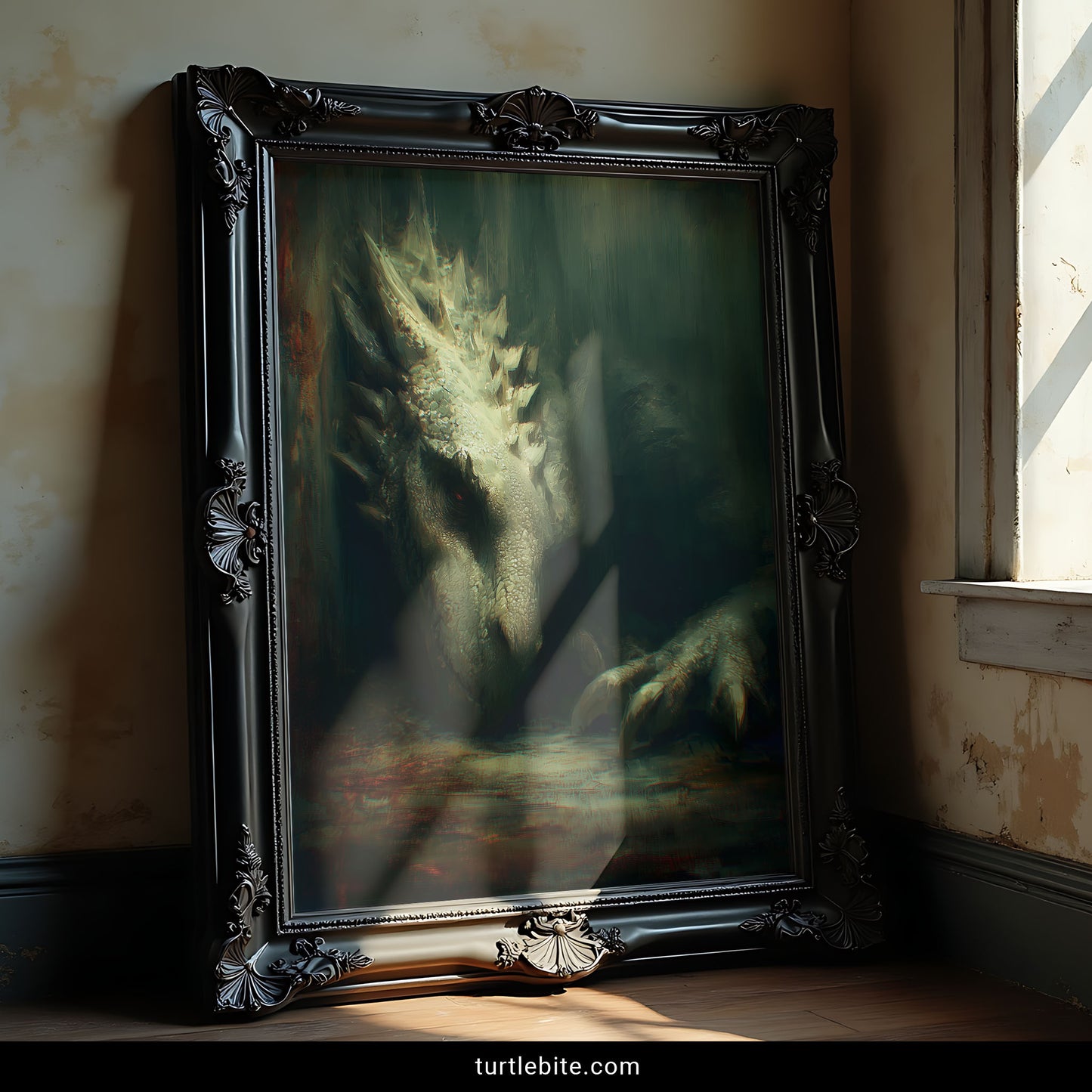 Green dragon creature poster with bone spines and mysterious atmosphere, perfect dark art for collectors