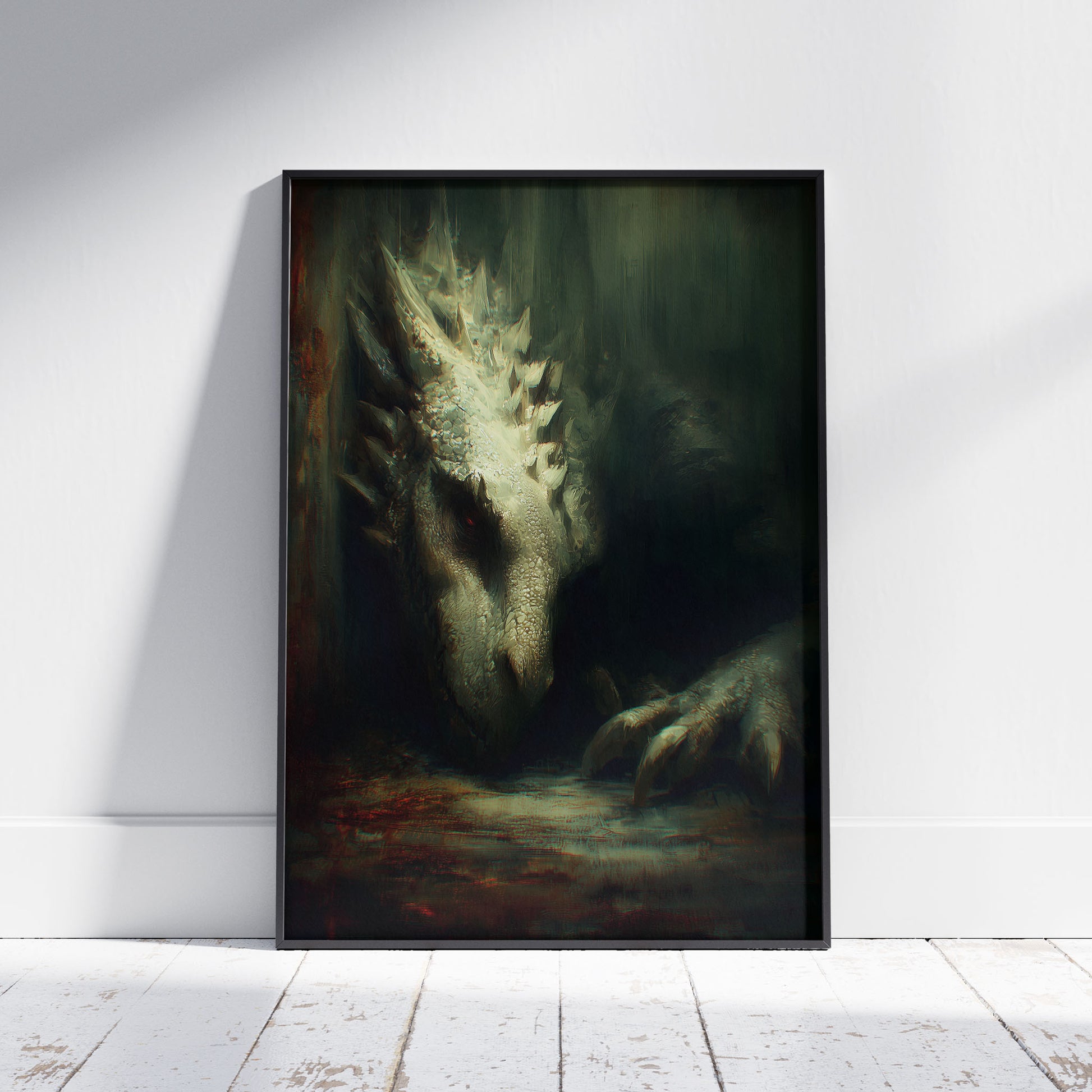 Surreal fantasy dragon art print with glowing red eyes emerging from dark shadows for gothic wall decor