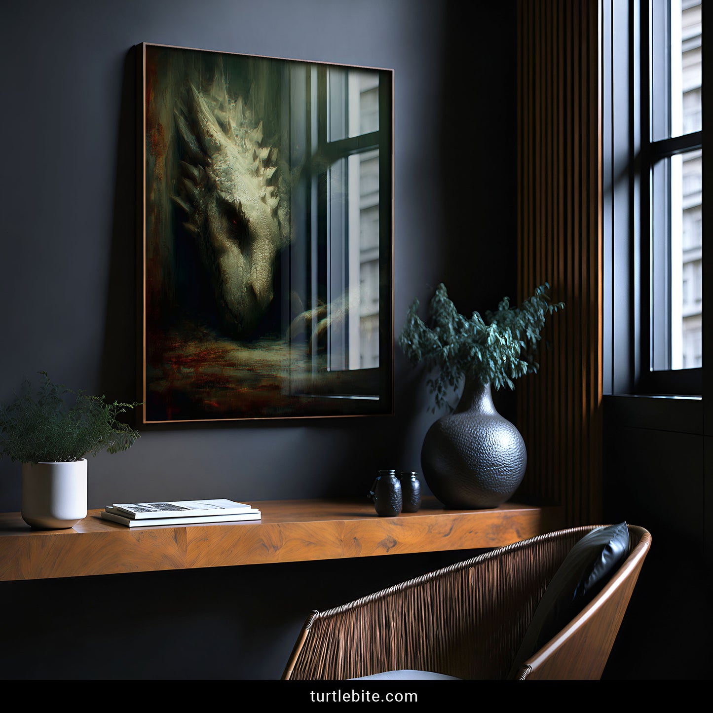 Moody dragon painting with vintage oil painting style, surreal horror art for alternative home decor