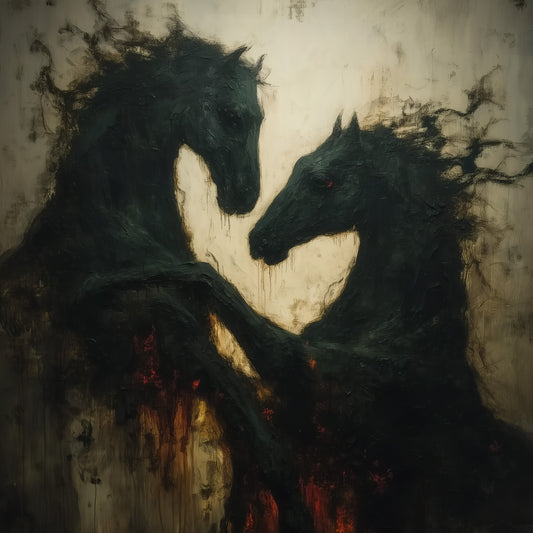 Dark horse art print featuring two black horses emerging from moody shadows with disturbing gothic aesthetic
