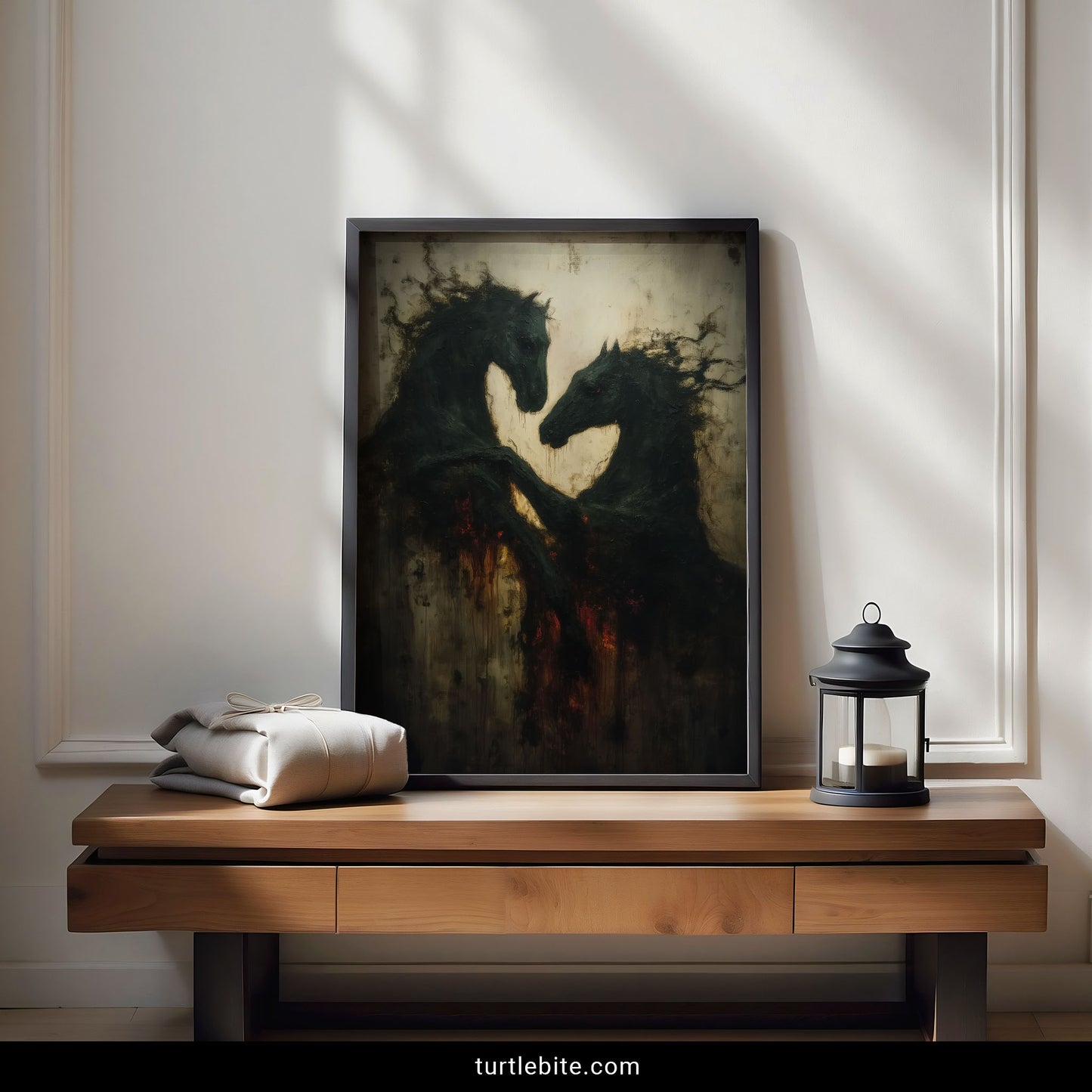 Moody wall art showing phantom horses in distressed painterly style with crimson accents and dark atmosphere