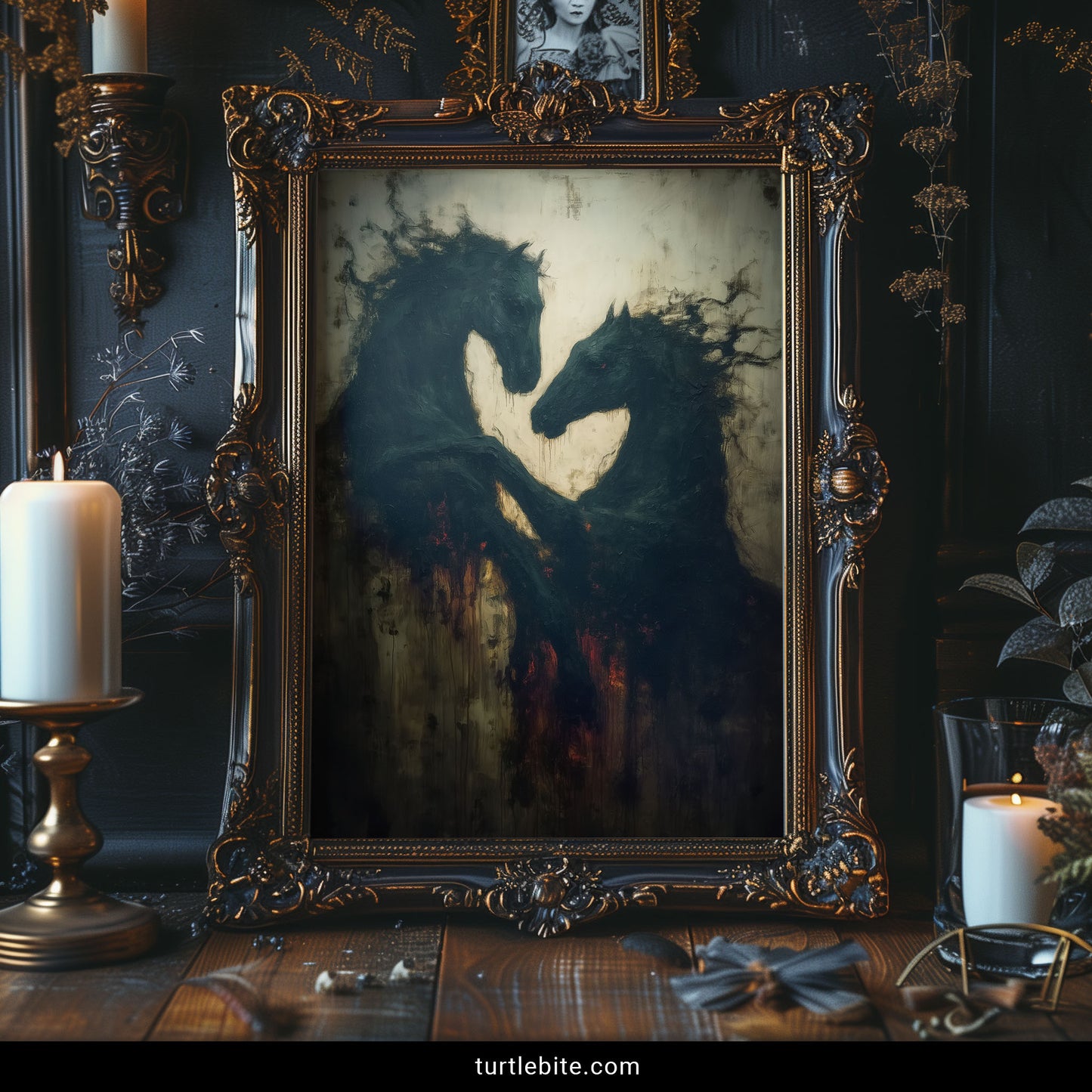 Gothic horse poster with haunting surreal quality depicting spectral steeds in shadowy decay
