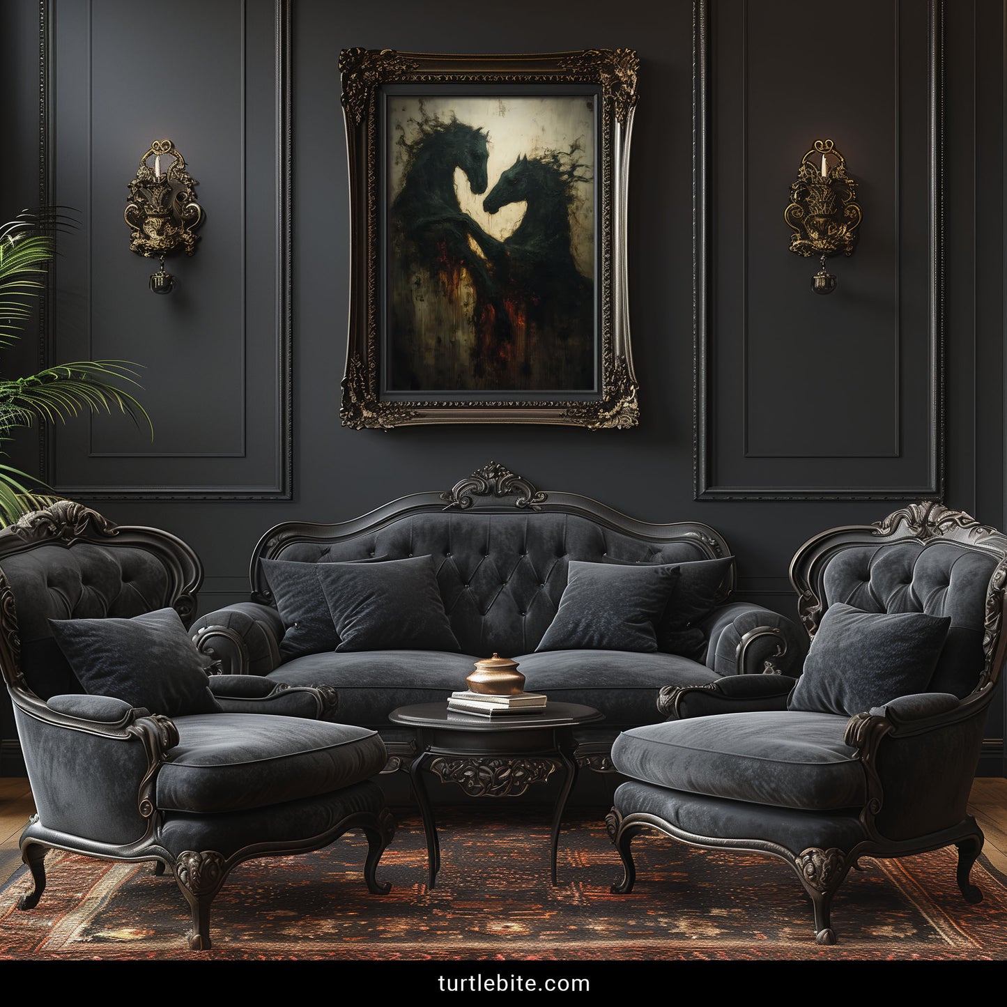 Mysterious black horse painting with surreal nightmare quality and baroque textured style for gothic home decor