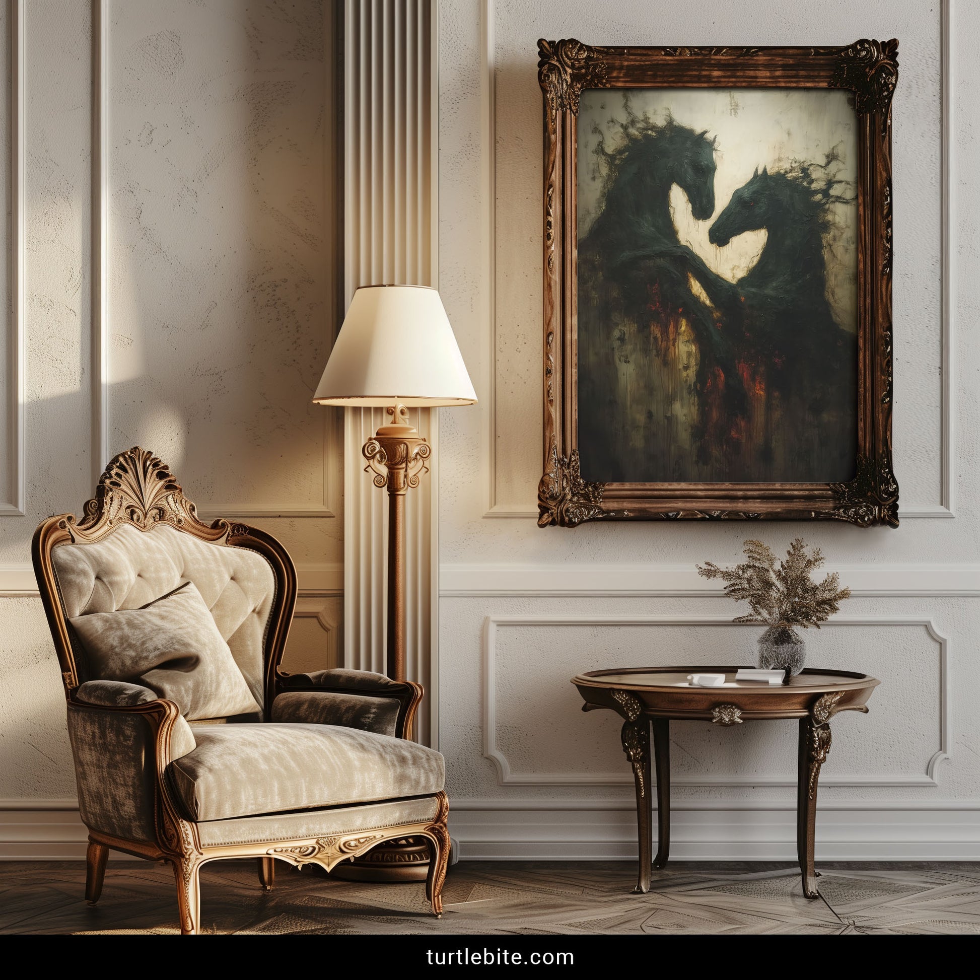 Gothic horse poster with haunting surreal quality depicting spectral steeds in shadowy decay
