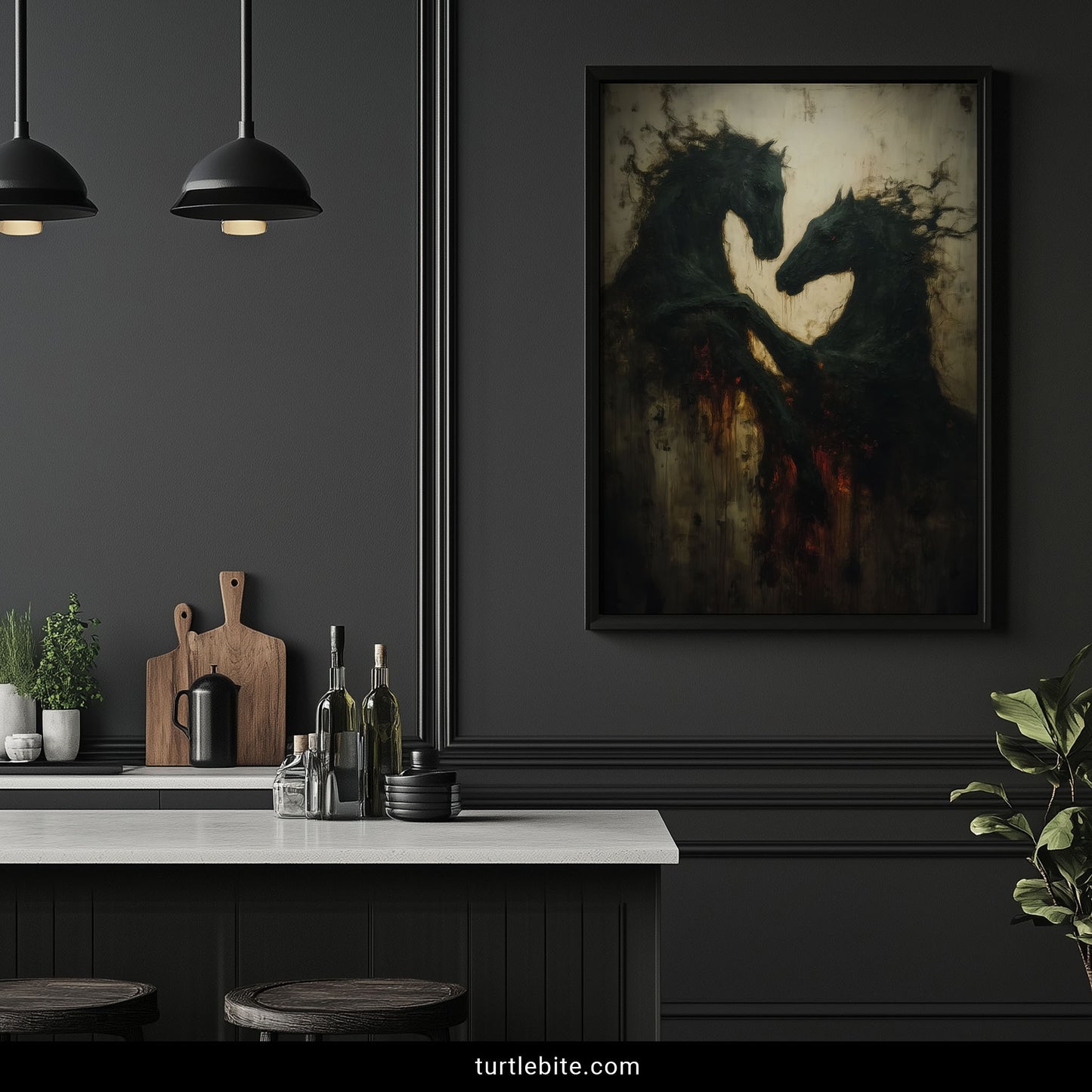 Disturbing art print of black horses dissolving into darkness with expressionistic brushwork and occult aesthetic
