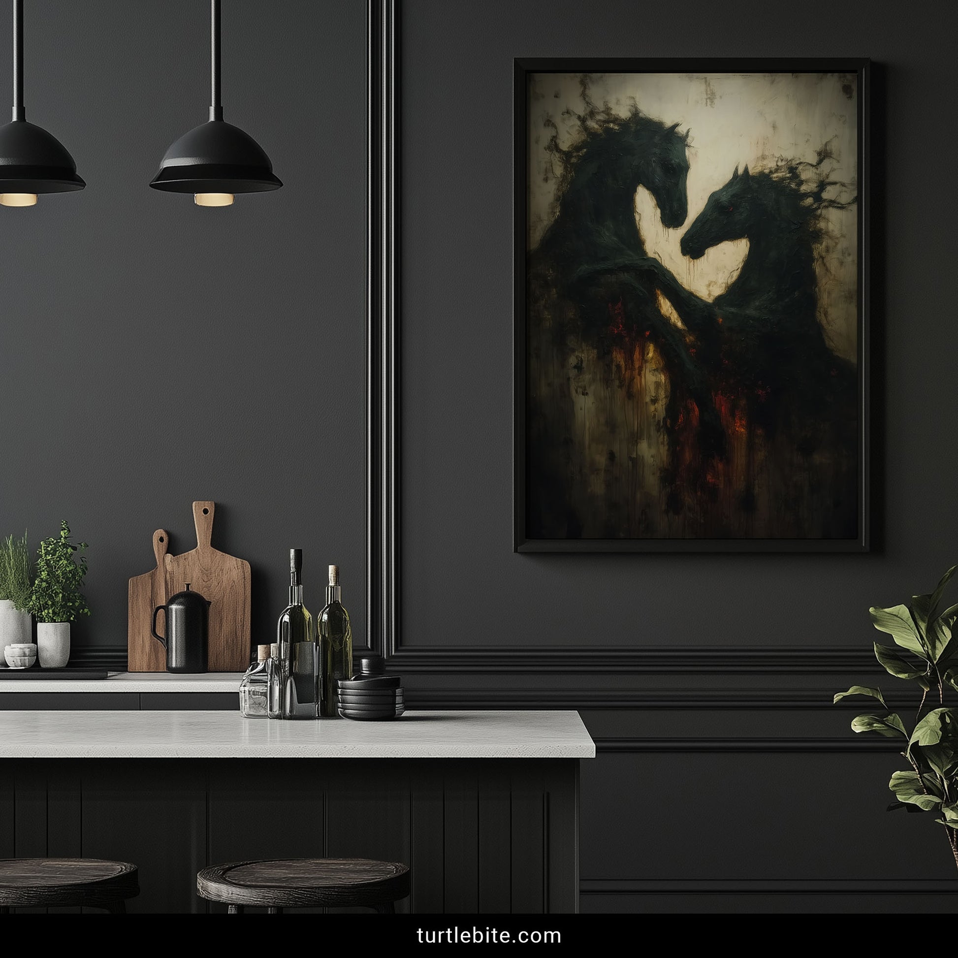 Disturbing art print of black horses dissolving into darkness with expressionistic brushwork and occult aesthetic