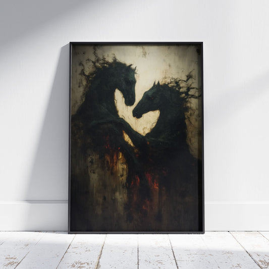 Dark horse art print featuring two black horses emerging from moody shadows with disturbing gothic aesthetic