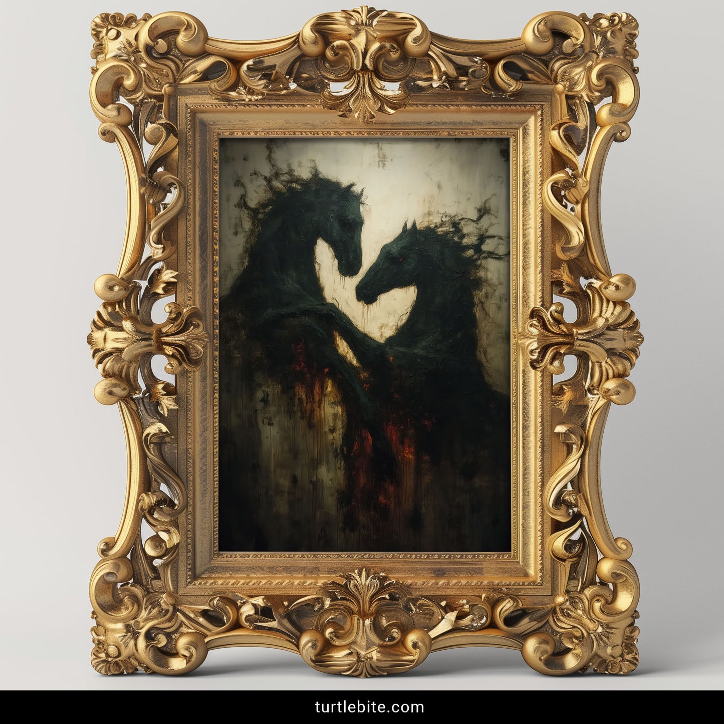 Moody wall art showing phantom horses in distressed painterly style with crimson accents and dark atmosphere
