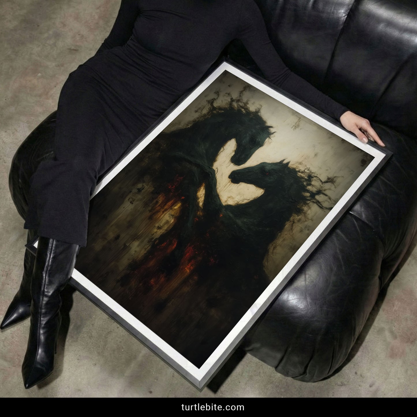 Mysterious black horse painting with surreal nightmare quality and baroque textured style for gothic home decor