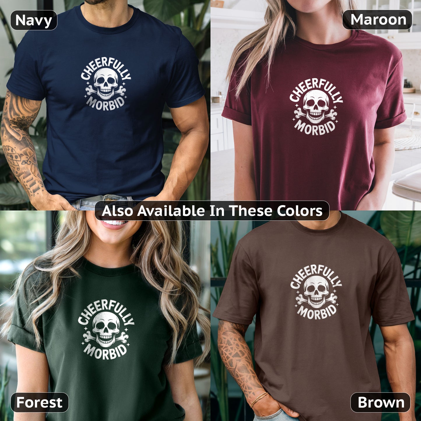 Funny skeleton t-shirt cheerfully morbid text bold white skull graphic macabre fashion